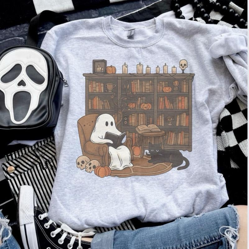 Ghost Reading Bookcase With Cat Sweatshirt - Ash Grey T-Shirts, Hoodie | TeeBloomCo.com