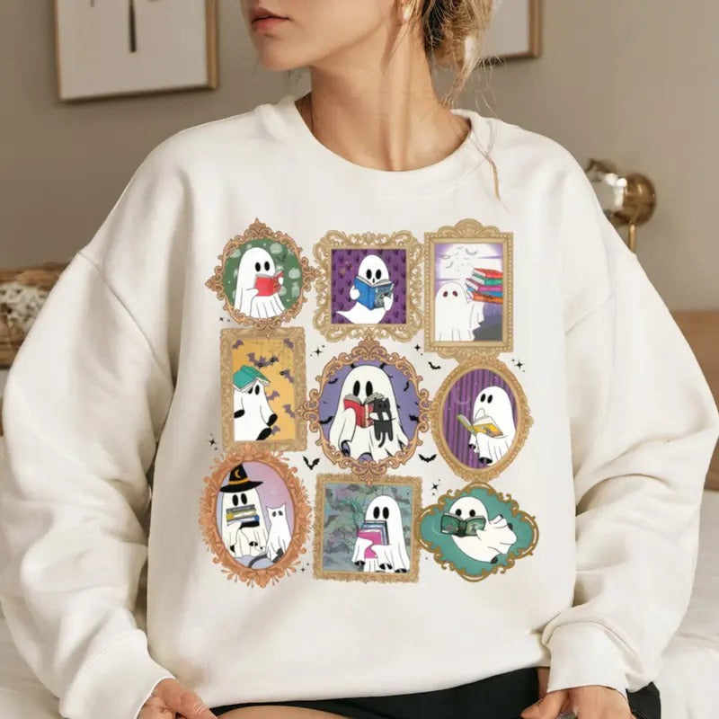 Ghost Reading Throne Of Glass Sweatshirt, Cute Ghost Reading Book Tee Shirt, Fourth Wing Ghost Reading Sweater, Acotar...