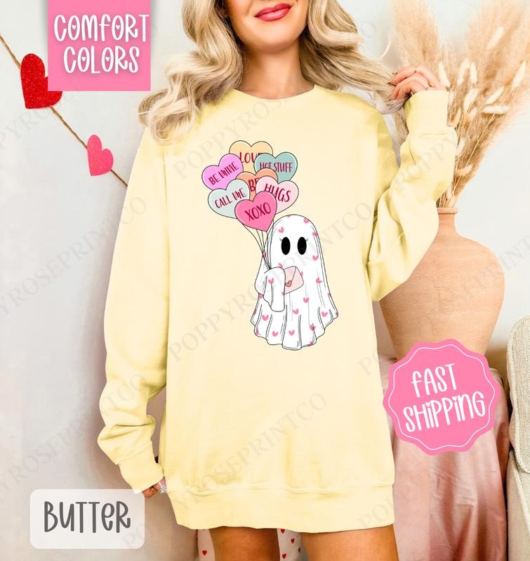 Ghost Valentine Sweatshirt Comfort Colors, Valentine's Day Women's Crewneck, Cute Women's Sweater T-Shirts, Hoodie