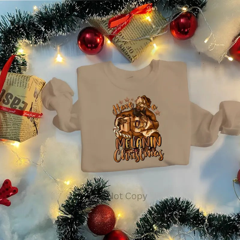 Have A Melanin Christmas Santa w/ Gifts DTF Transfer ONLY - This is NOT a T Shirt Hoodie, Sweatshirt | TeeBloomCo.com