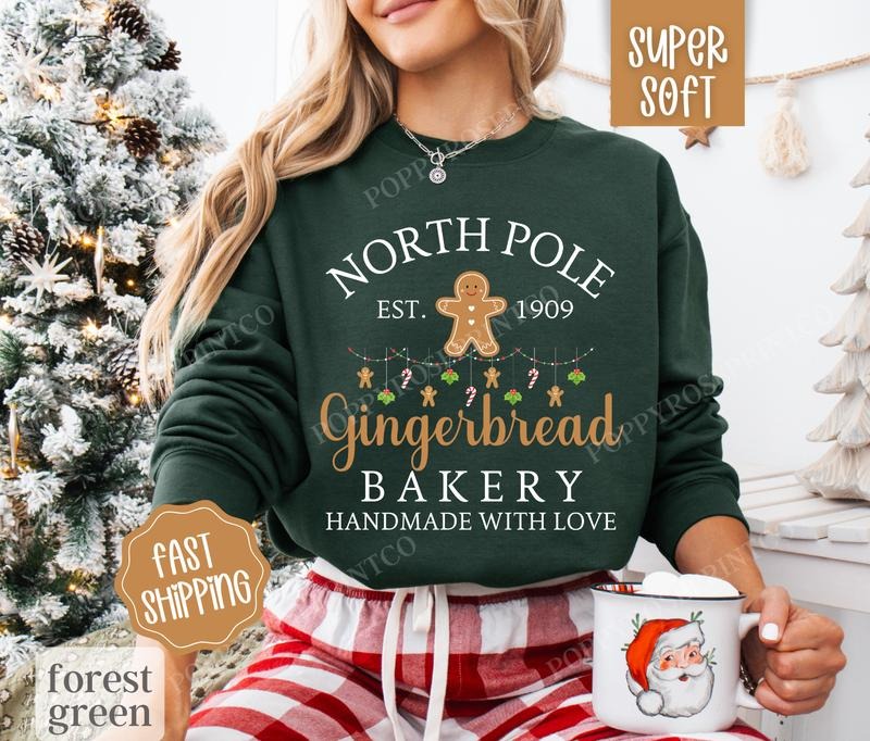 Gingerbread Bakery Sweatshirt, North Pole Christmas Crewneck,  Womens Holiday Sweater T-Shirts, Hoodie | TeeBloomCo.com
