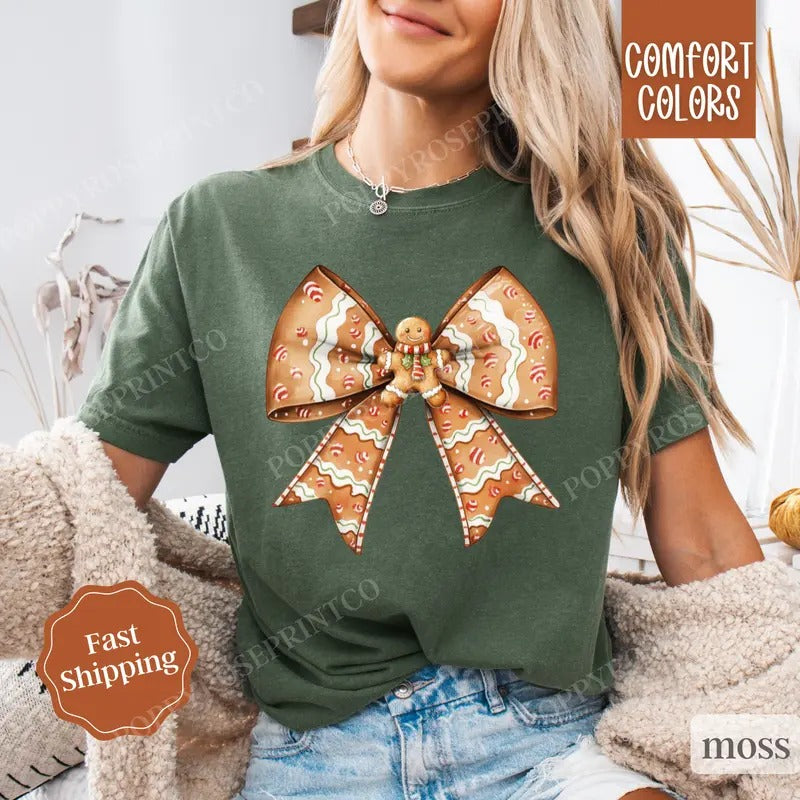 Gingerbread Man Bow Shirt Comfort Colors Holiday Tshirt,  Women's Holiday Tee Hoodie, Sweatshirt | TeeBloomCo.com