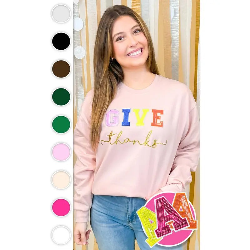 Give Thanks Sequin Graphic Sweatshirt T-Shirts, Hoodie | TeeBloomCo.com
