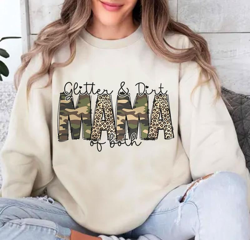 Glitter and Dust - Mama of Both Camo & Leopard Pattern Printed Sweatshirt, Mom Gift, Camo Mama Shirt Hoodie | TeeBloomCo.com