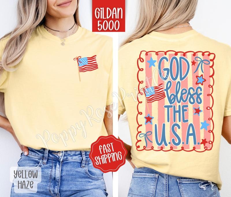 God Bless the USA Shirt Gildan, Cute Patriotic Tee, Trendy Summer Women's Tshirt Plus Size, Gift for Her Hoodie, Sweatshirt