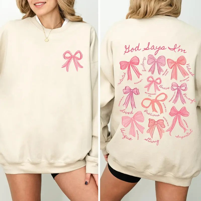 God Says I Am Coquette Bow Sweatshirt, Women's Christian Sweatshirt,  Balletcore Christian Sweater, Christian Girl Gifts...