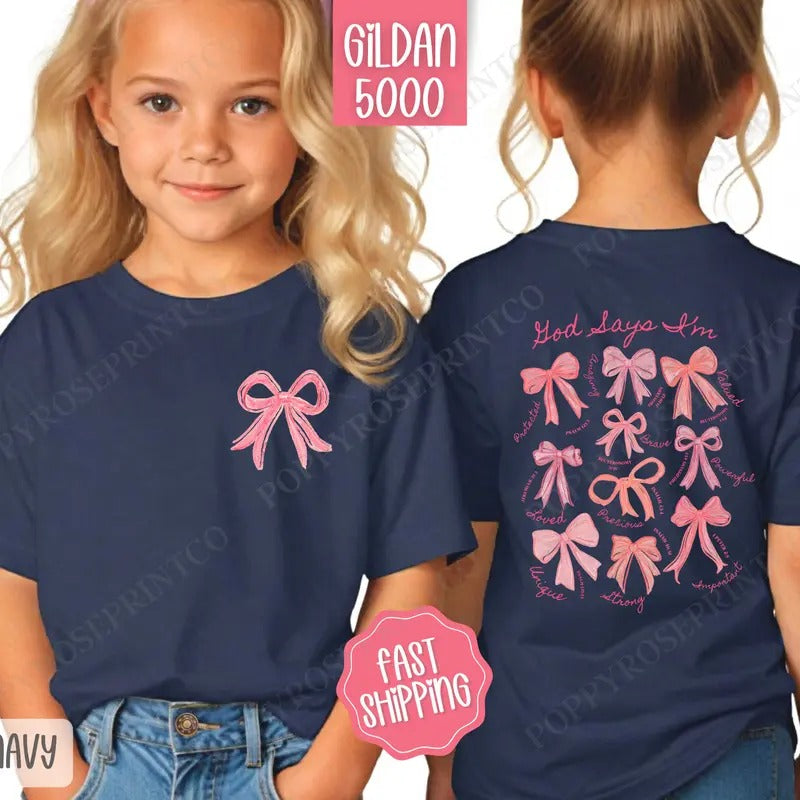God Says I Am Kids Shirt, Coquette Bow Children's Shirt, Religious Youth Tee Gildan Hoodie, Sweatshirt | TeeBloomCo.com