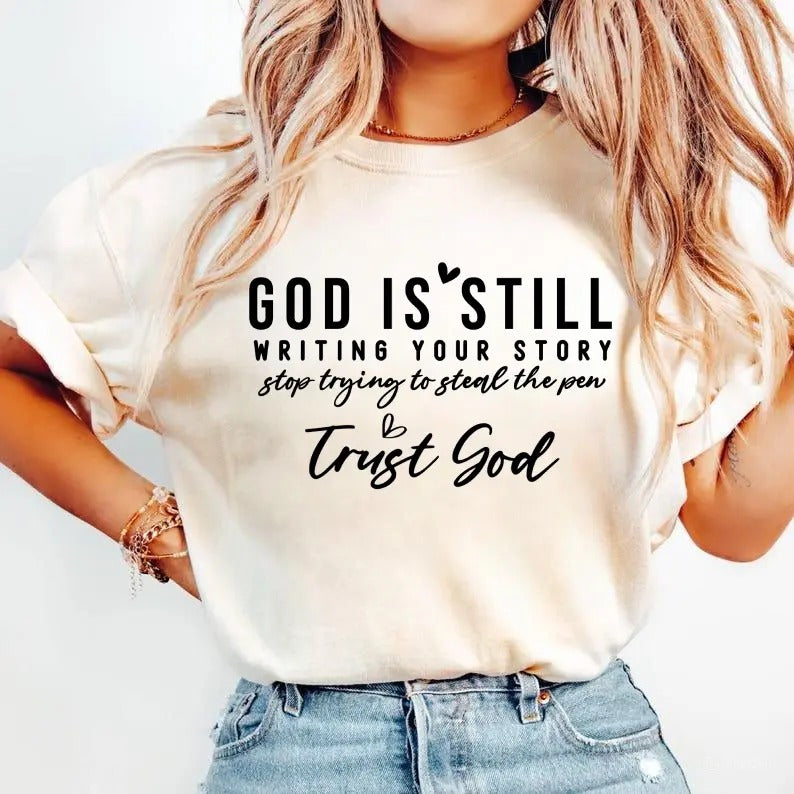 God Tis Good All The Time Shirt, Trust God Shirt, Women's Cross & Heart & Letter Print Round Neck Shirt, Casual Long...