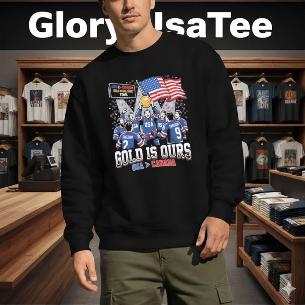 Gold Is Ours Hockey USA Flag Graphic Shirt