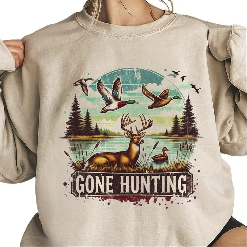 Gone Hunting Deer Sweatshirt Mallard Duck Retro T-Shirt Hunting Season National Day Unisex Hoodie | TeeBloomCo.com