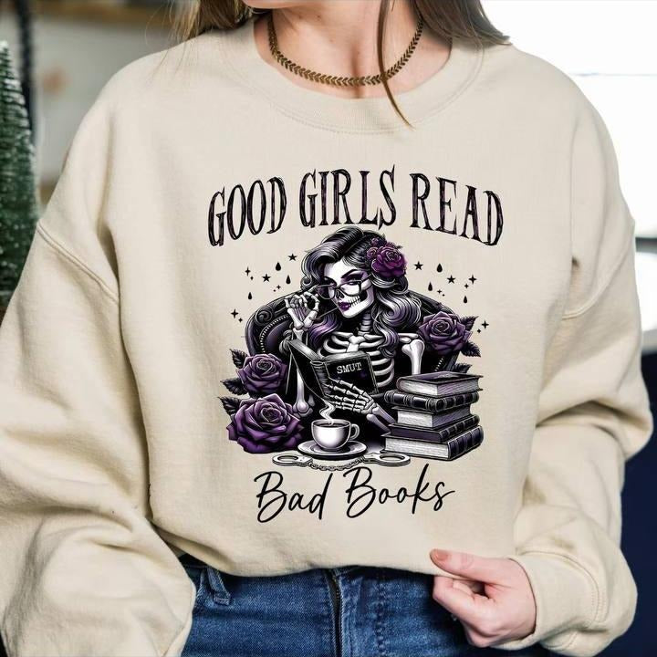Good Girls Read Bad Books, Love to read spicy smut books , Booktok shirt spicy book club clipart sarcastic skeleton goth...