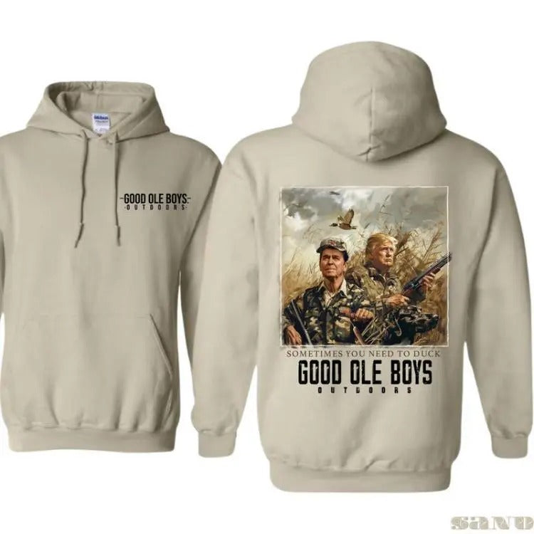 Good Ole Boys Outdoors 2 Sides Trump Hoodie Sweatshirt T-shirt, Sometimes You Need To Duck Hoodie, Trummp Reagan Hunting...