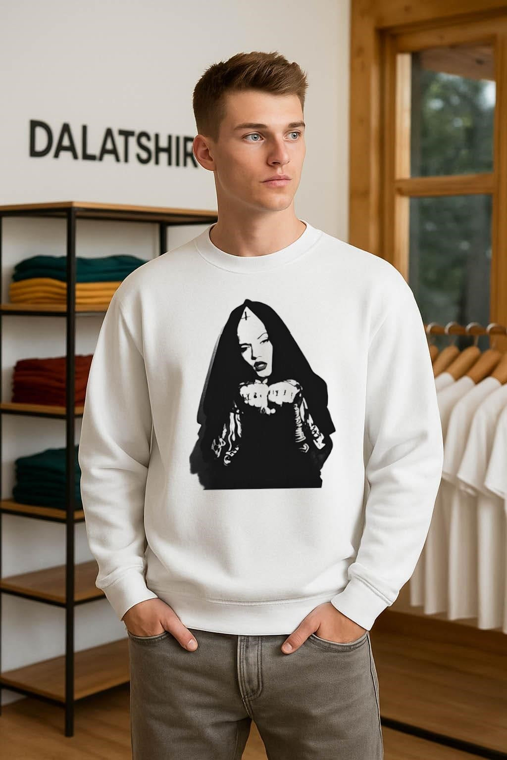 Gothic Nun Portrait with Cross Symbol Graphic shirt