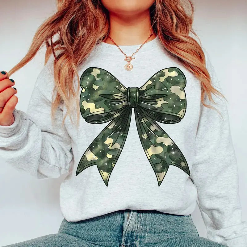 Graphic Printed Glitter Preppy Camo Coquette Bow Sweatshirt, Girly Bow Shirt, Cotton Round Neck Tee, Unisex Tshirt for...