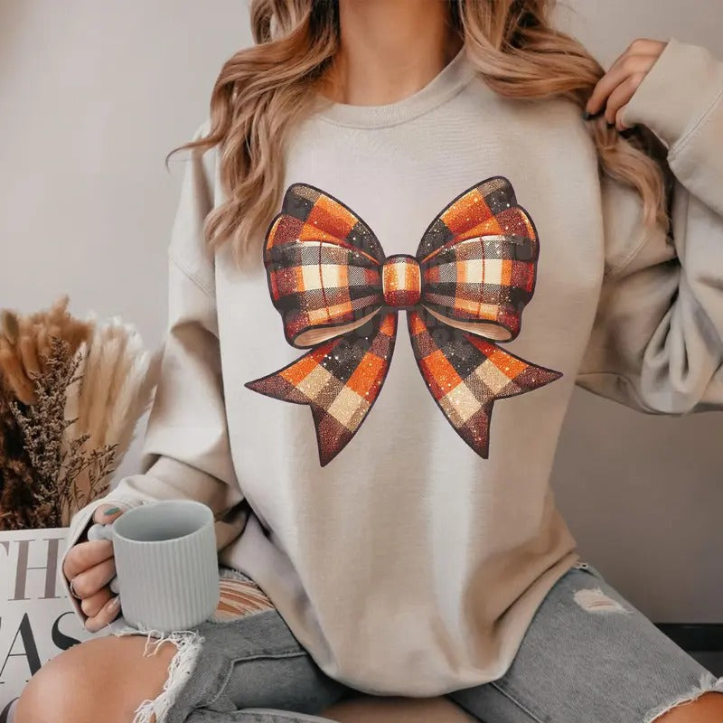 Graphic Printed Glittery Fall Plaid Coquette Bow Sweatshirt, Fall Coquette Shirt, Fall Shirt Tee, Cotton Round Neck Tee,...