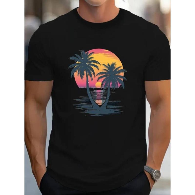[Graphic Tees] Cotton TropicalSunset Palms Men's Pure Cotton T-Shirt - Comfortable Fit, Exquisite Pattern, Round Neck,...