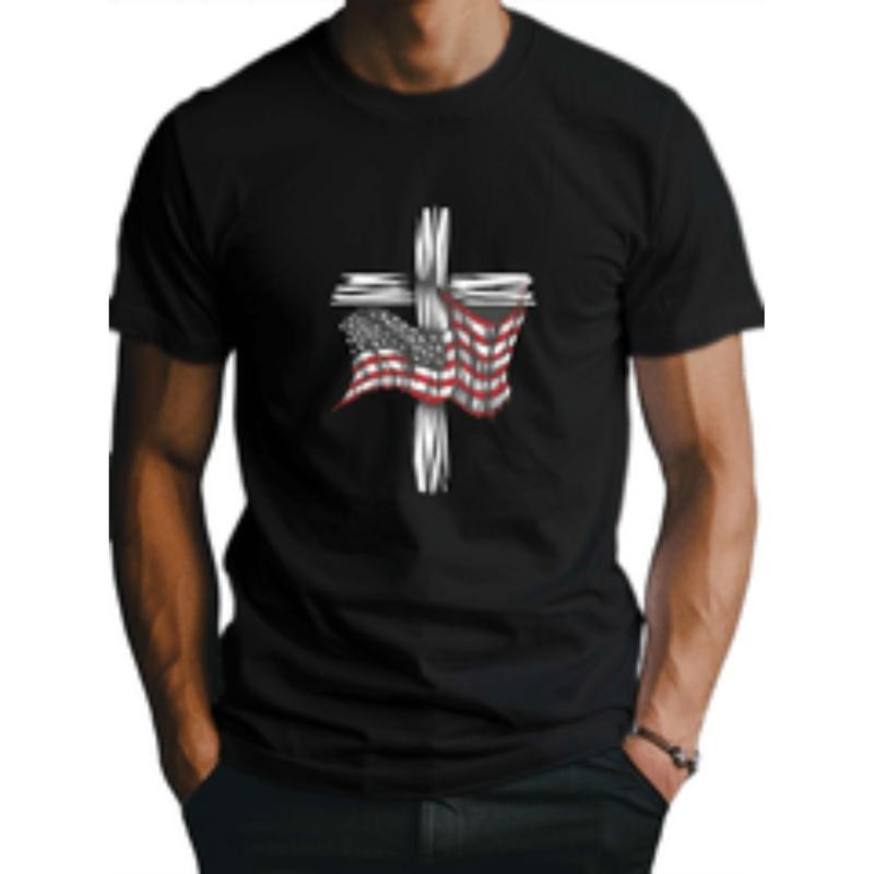 [Graphic Tees] Cotton american flag and cross print tee shirt tees for men casual short sleeve t shirt for summer khaki...