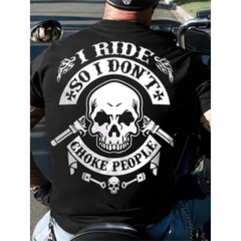 [Graphic Tees] Cotton summer   style mens crew neck t shirt with skull pattern and weird motorcycle slogan short sleeve...
