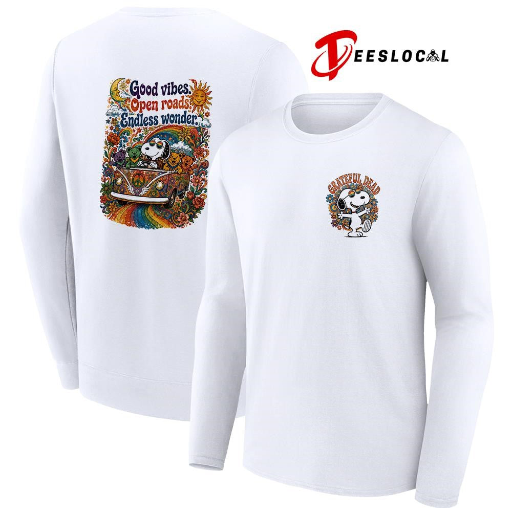 Grateful Dead x Peanuts Snoopy good vibes open roads endless wonder shirt