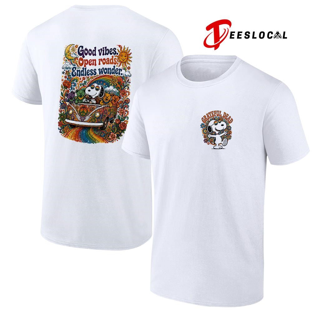 Grateful Dead x Peanuts Snoopy good vibes open roads endless wonder shirt