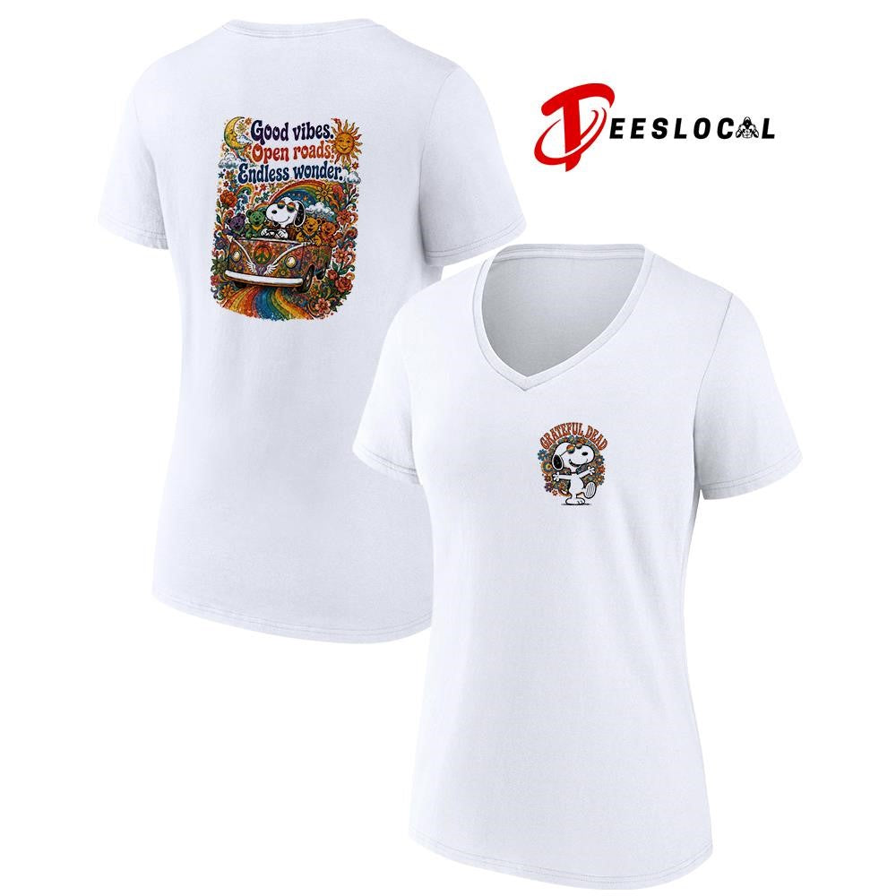 Grateful Dead x Peanuts Snoopy good vibes open roads endless wonder shirt