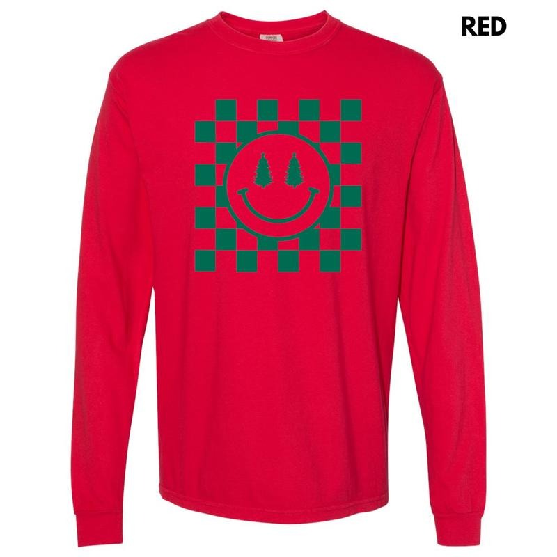Green Checkered Christmas Tree Happy Face Long Sleeve Comfort Colors T-Shirt Hoodie, Sweatshirt | TeeBloomCo.com