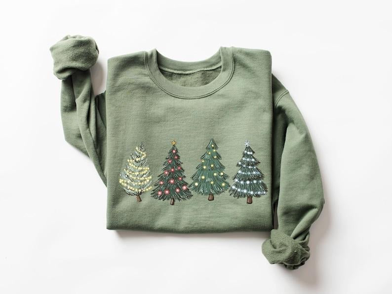 Green Tree Christmas Sweater - Winter Sweatshirt with Tree Embroidery, Long Sleeves, Comfortable Cotton and Polyester...
