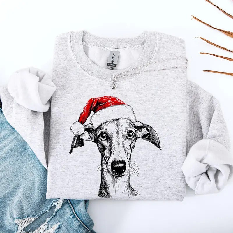 Grey Hound, Santa, Dog, Christmas, Dog Lover, Pet Sweatshirt, Crew Neck, Women's, Crewneck T-Shirts, Hoodie | TeeBloomCo.com