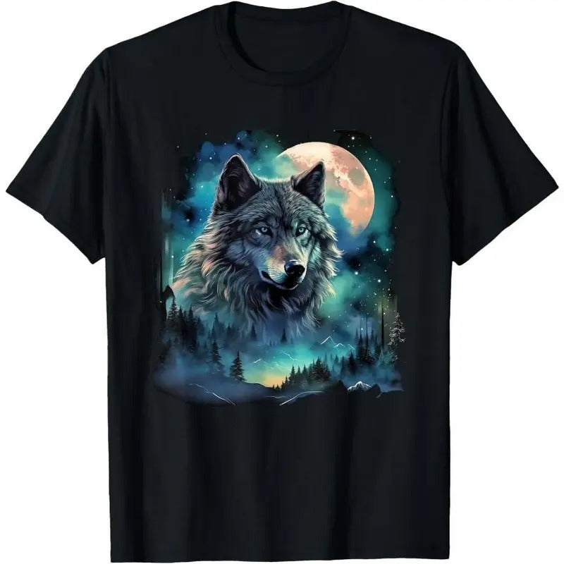Grey Wolf Hunting Grounds Icy Moon Forest Galaxy T-Shirt Hoodie, Sweatshirt | TeeBloomCo.com