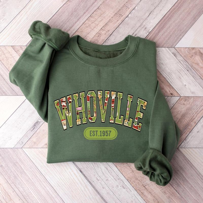 Grinch Christmas Sweatshirt, Whoville University Sweatshirt Hoodie, Whoville 1957 Sweatshirt, Christmas Holiday Shirt,...