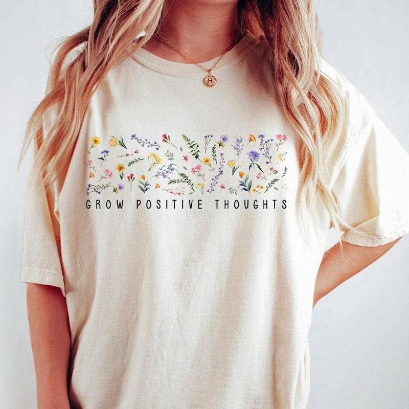Grow Positive Thoughts Shirts, Women Shirts, Wildflower Shirt For Women, Floral Retro Shirt, Gift for Women, Ladies...