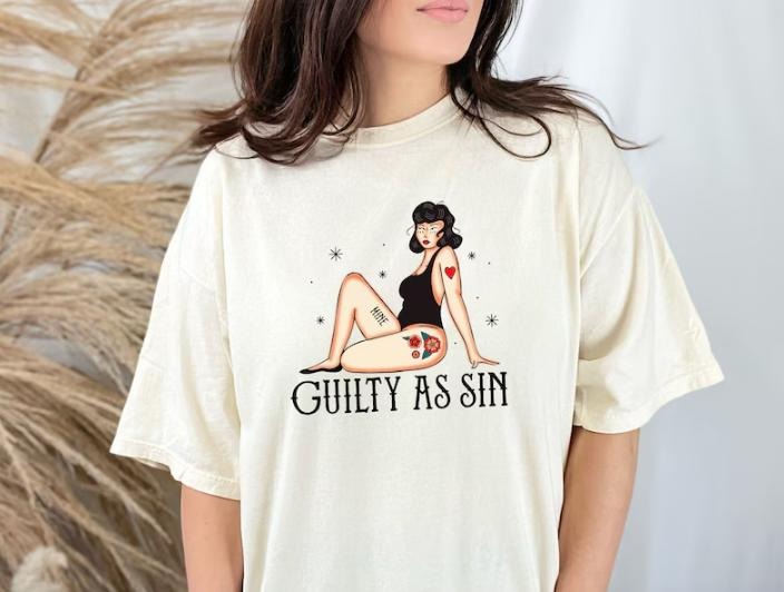 Guilty As Sin Tee Shirt, Graphic Tee, American Traditional Tattoo Inspired Shirt Hoodie, Sweatshirt | TeeBloomCo.com
