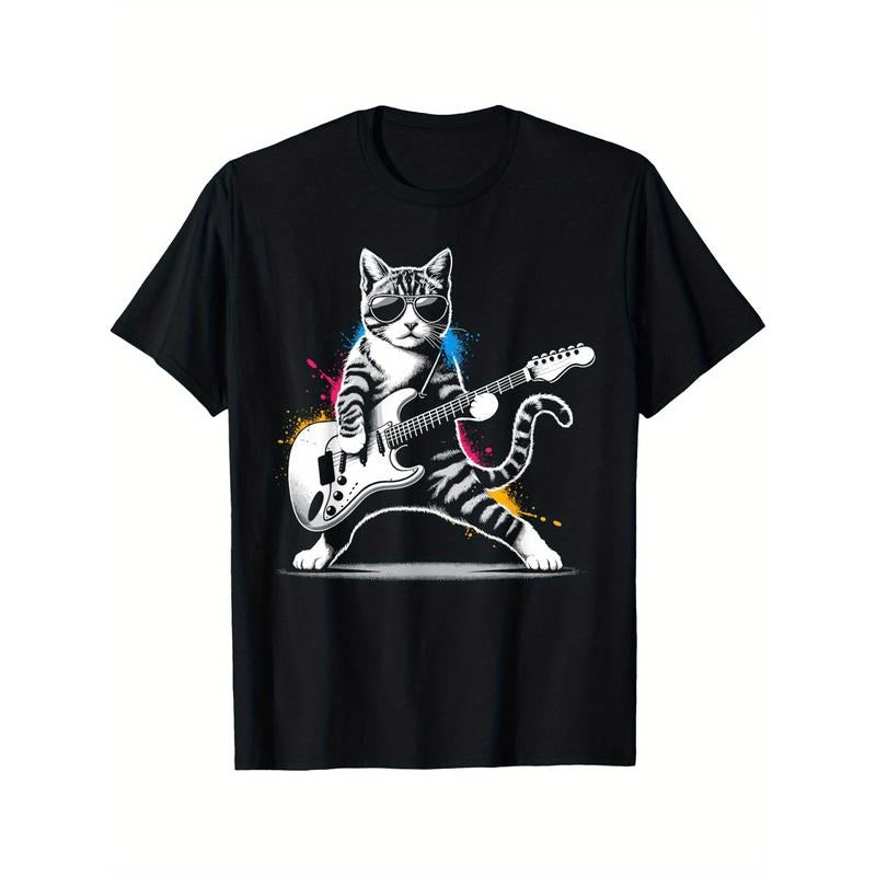 Guitar Cat Novelty Rock Music Band Concert Funny Cat T-Shirt Selected pure cotton interesting short sleeve t-shirt for...