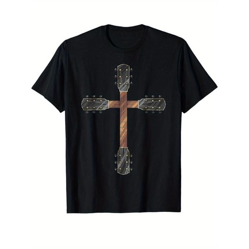 Guitar Print Men's Cotton Graphic T-shirt, Casual Short Sleeve Crew Neck T-shirt, Men's Tee For Outdoor made in usa...