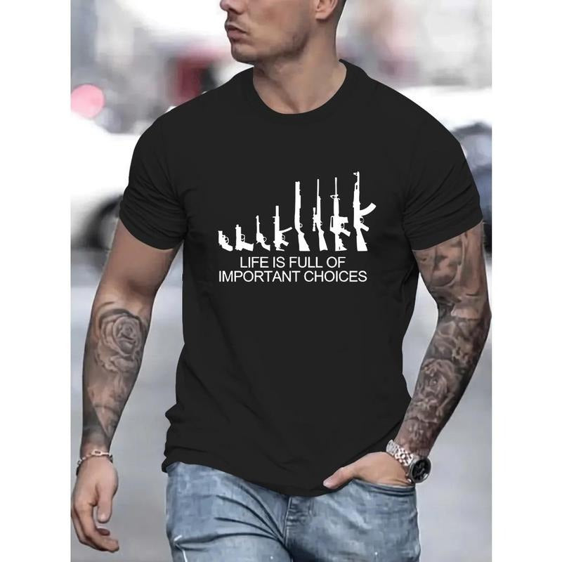 Gun Print, Men's Round Crew Neck Short Sleeve, Simple Style Tee Fashion Regular Fit T-Shirt, Casual Comfy Breathable Top...