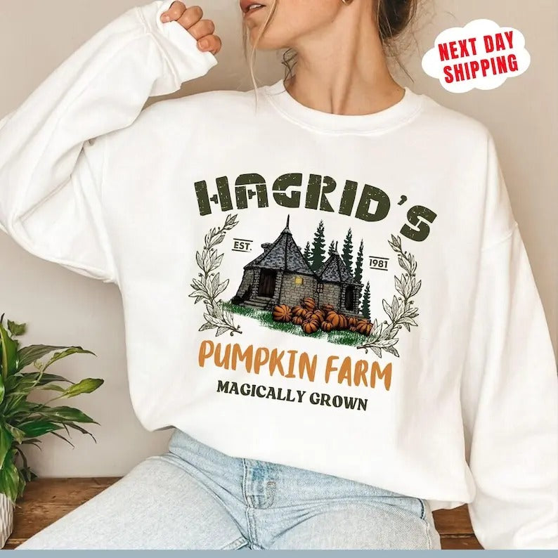 Hagrid's Pumpkin Farm Sweatshirt - White Cotton Sweatshirt with Pumpkin Farm Design, Fall and Halloween Season,...