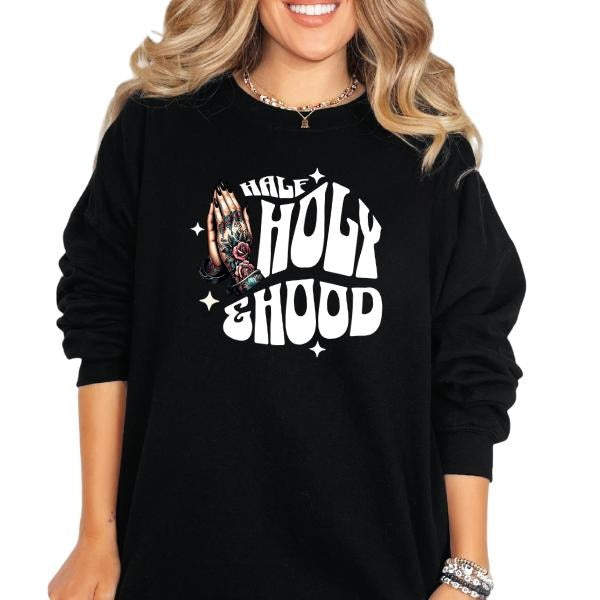 'Half Hood, Half Holy' Sweatshirt, T Shirt, or Hoodie | Vintage Grunge Aesthetic with Skulls, Retro Vibes | Casual...