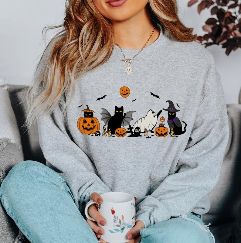 Halloween Black Cat Sweatshirt, Ghost Cat Pumpkin Tee Shirt, Halloween Ghost Cat Sweater, Halloween Ghost Cat T-Shirt,...