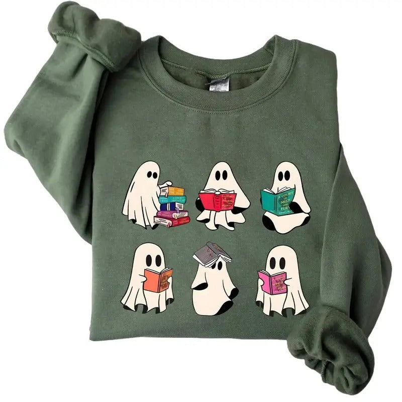 Halloween Bookish Ghost Crewneck Sweatshirt Hoodie Tshirt, Halloween 2024 Gifts | TeeBloomCo.com