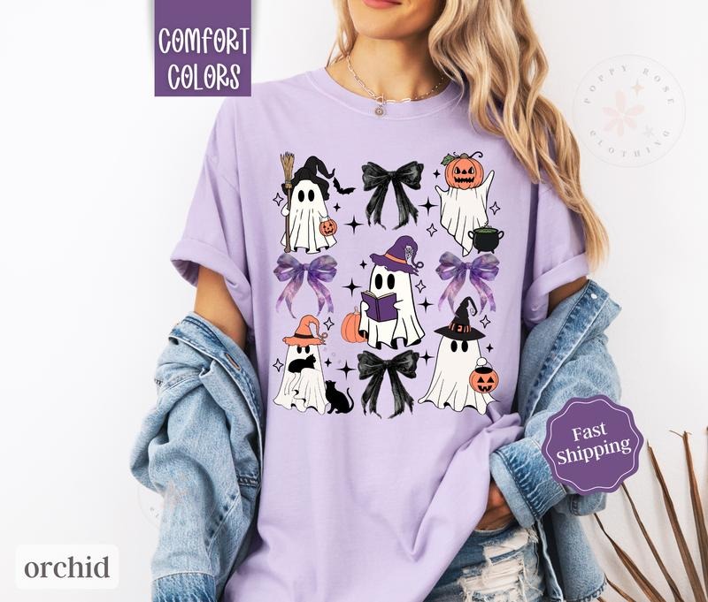 Halloween Bow Shirt Comfort Colors, Ghost Women's Tshirt, Fall Oversized Womenswear halloween shirt Hoodie, Sweatshirt