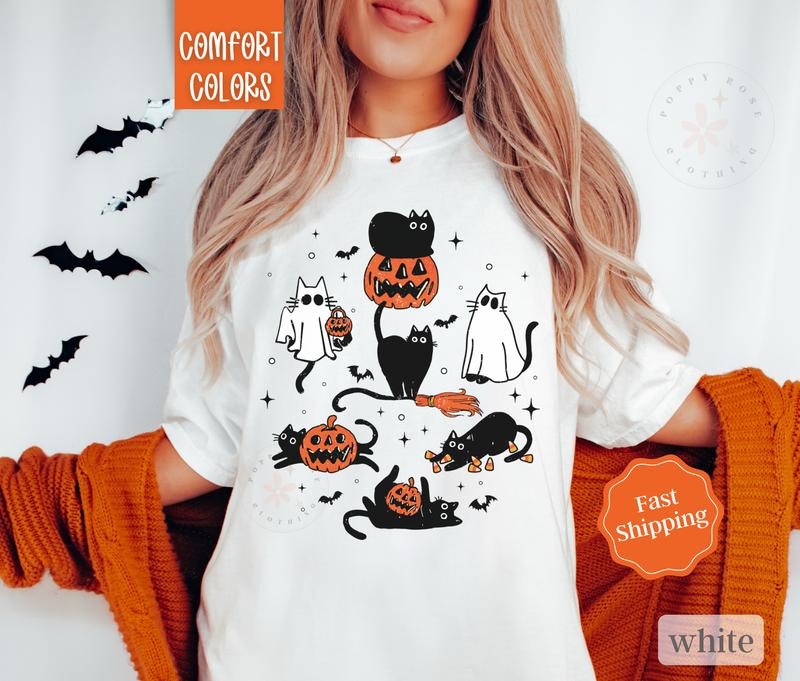 Halloween Cat Shirt Comfort Colors,  Cat Lover Halloween Tshirt, Cat Mom Gift Hoodie, Sweatshirt | TeeBloomCo.com