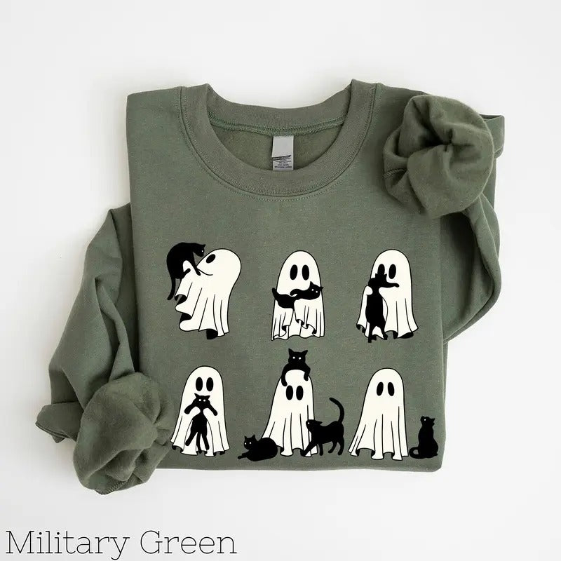Halloween Cat Sweatshirt, Ghost Sweatshirt, Ghost Cat Shirt, Happy Halloween, Retro Spooky Season, Black Cat Sweatshirt...