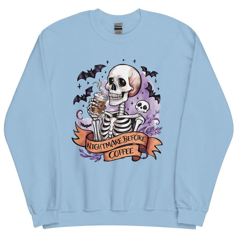Halloween Coffee Crewneck, Nightmare before Coffee Sweatshirt, Oversized Halloween Graphic Crewneck, Cotton Pullover...