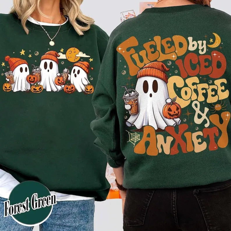 Halloween Coffee Sweatshirt, Little Ghost Iced Coffee Shirt, Halloween Shirt,Cute Ghost Drinking Coffee, Halloween Ghost...
