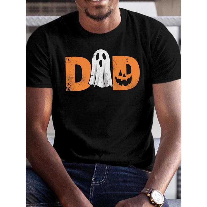 Halloween Dad Graphic T-Shirt, Polyester Crew Neck Short Sleeve Tee, Summer Casual Knit Fabric Top with Geometric Pumpkin...