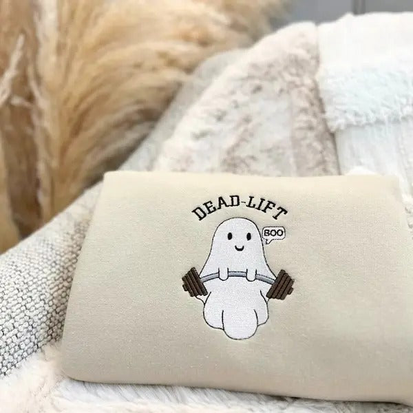Halloween Deadlift Ghost Embroidered Sweatshirt, Cute Ghost Dead Lift Sweatshirt, Halloween Crewneck Sweatshirt, Spooky...
