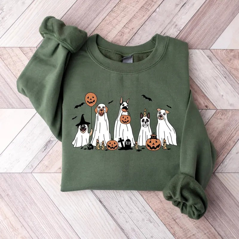 Halloween Dog Sweatshirt, Ghost Dog Shirt, 2024 Happy Halloween, Retro Spooky Season Hoodie | TeeBloomCo.com