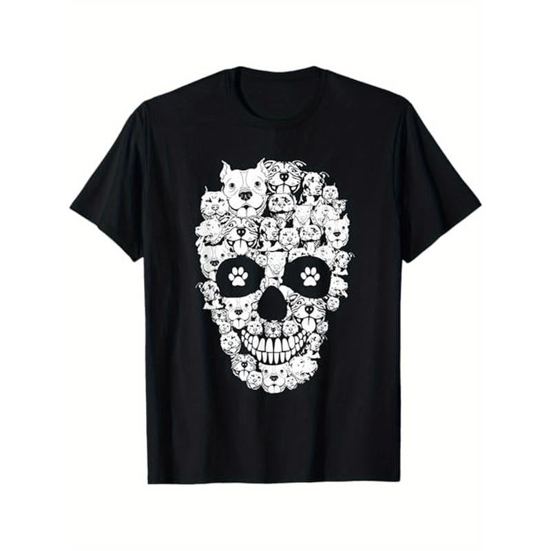 Halloween Funny Pitbull Dog Skull Pittie Skeleton Silhouette T-Shirt, 100% Cotton, Gift for Men Women Dad Mom Friends,...