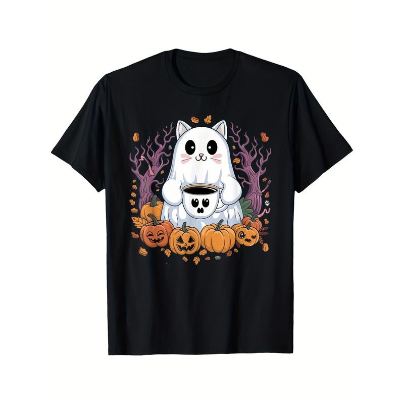 Halloween Ghost Cat Coffee Pumpkin Printed T-shirt Comfortable Breathable, Casual Short Sleeve, Daily Wear, All Season,...