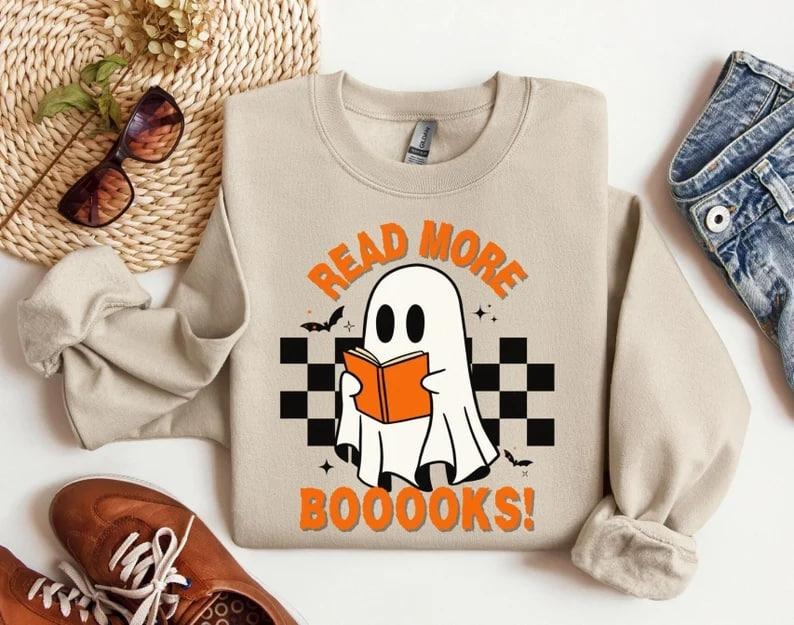 Halloween Ghost Read More Books Teacher Librarian Sweatshirt Halloween Gift Spooky Season Trendy Shirts Gift for...
